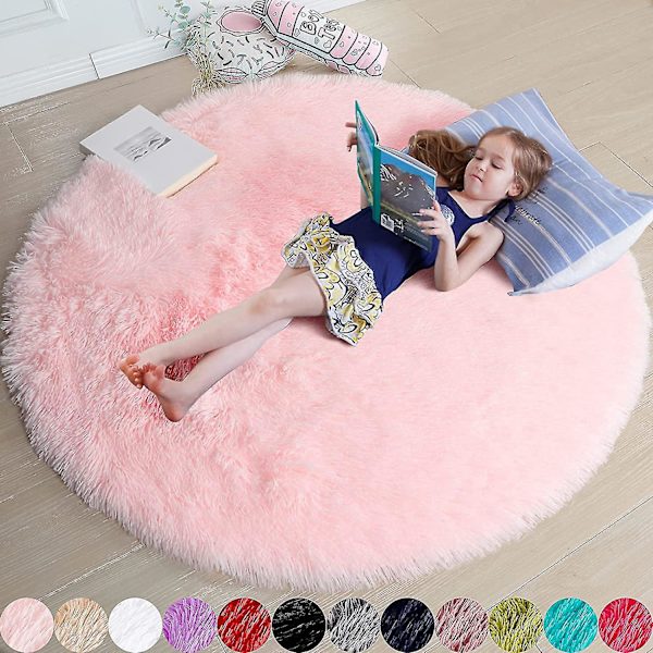 Tflycq Blush Round Teppe For Soverom, Fluffy Circle Teppe 4'x4' For Barnerom, Furry Teen For Tenåringsjenter Rom, ragget Sirkel Teppe For Barnehage Rom, fuzzy P