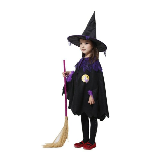 Halloween barnekostymer heks kappe cosplay søt vampyr maskerade Cloak+hat+broom+pumpkin bag 130cm