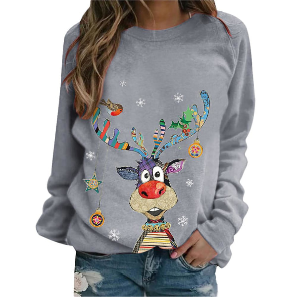 Jul Kvinder Farverigt Elk Print Langærmet Sweatshirt T-shirt Casual Løs Bluse Skjorter Xmas Crew Neck Pullover Toppe Gray L