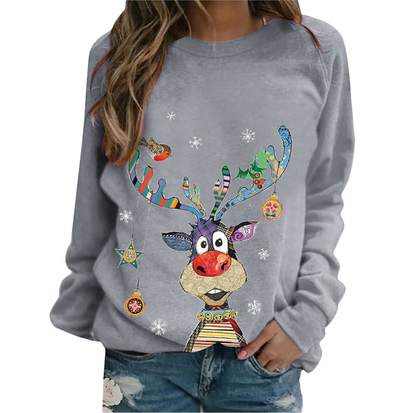 Jul Kvinner Fargerikt Elgtrykk Langermet genser T-skjorte Uformell løs bluseskjorter Xmas Pullover med rund hals Gray S