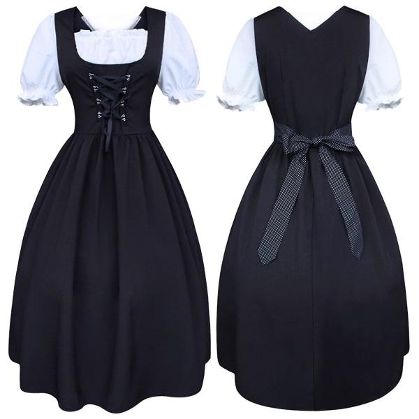 S-5xl Dame Midi Dirndl Kjole 2-delt Med Forkle Og Bluse Svart Hvit S