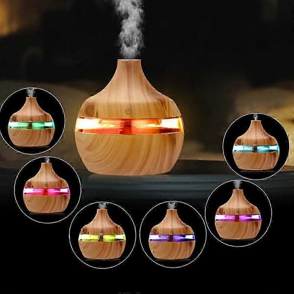 2025 2023 Ny 300ml USB Aroma Luftfukter Eterisk Olje Diffuser, 7 LED-lys, Trestrukturdesign