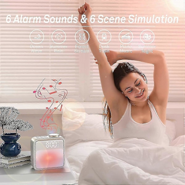 SCSYV Väckarklocka Nattlampa, Inbyggd Batteri Väckarklocka för Sovrum, 6 Scener & Vitt Brus Synkronisering, Dubbla Alarm & Snooze, för Tunga Sovare, Gåva