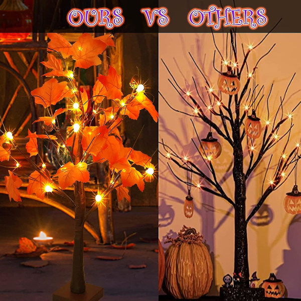 2 kpl 60 cm Halloween-koristeita syksyn vaahteranlehdet puun osat 24 lämpimän valkoisen ledin paristokäyttöisellä pöytälevyllä Acorn Globe Syksyn keinotekoinen syksy Tree