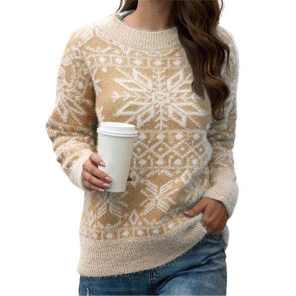 Christmas Genser Dame Christmas Snowflake Varm Genser Strikket O-hals Genser Khaki XL