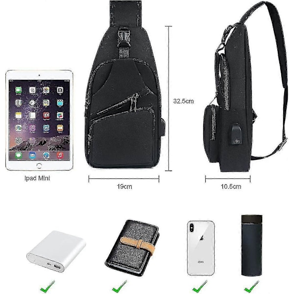 Crossbody-väska för män, bröstväska med USB-laddning och hörlursport, rese-ryggsäck (med 1*USB-kabel), One Size, Black_s