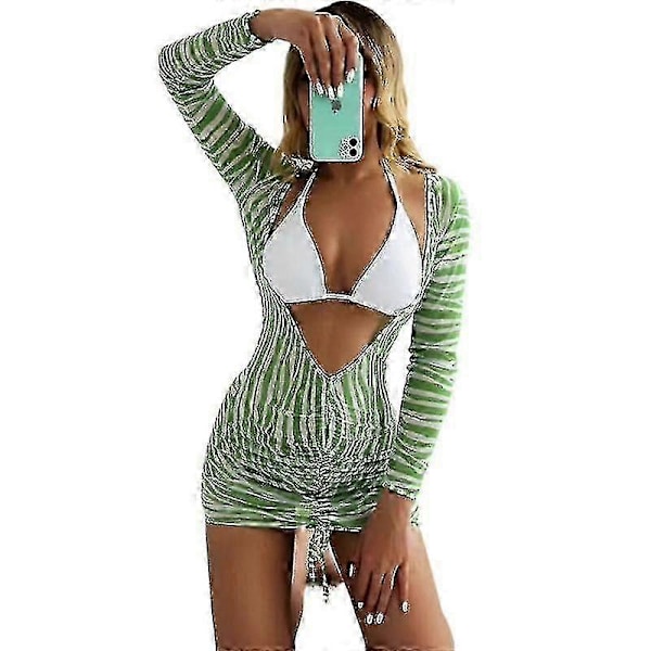 Naisten 3-osainen uimapuku solmittava tie dye halter-bikinisetti pitkähihaisella rantapeitolla, vihreät raidat