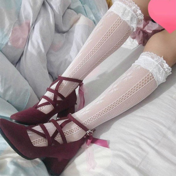 Anime Lolita Cosplay Vadstrumpor Dam Söta Volangspetsar Körsbärsblommor Mönstrade Fisknätsstrumpor Höga Strumpor Svart