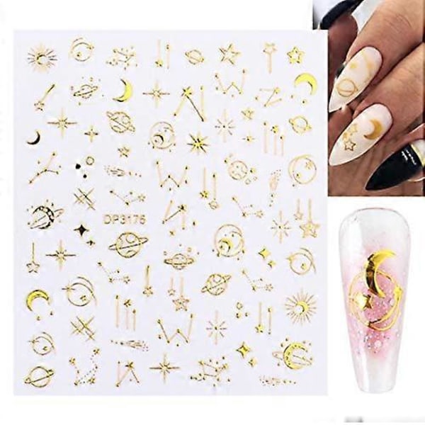 Stjärn-nagelstickers för nagelkonst 3D Självhäftande Nagelkonstdekaler 12 Ark Guldstjärna Måne Designer Nagelstickers för Kvinnor Flickor DIY Nageldekorationer
