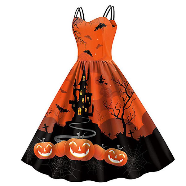 Halloween-mekko naisille Vintage printed mekot Hihaton Seksikäs Cocktail-mekko Linja Cosplay-juhlapuku ORANGE M