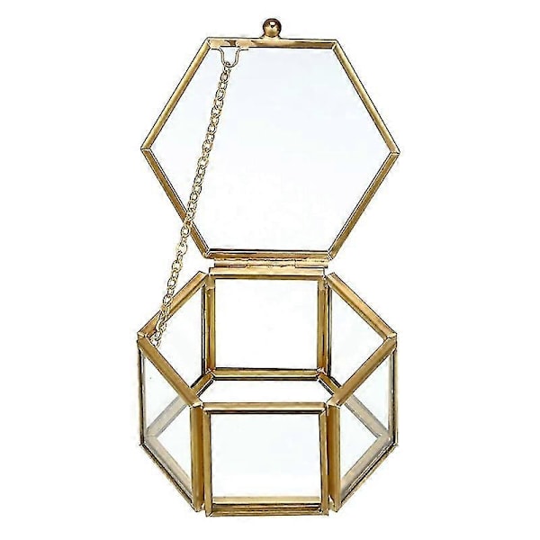 Vintage smykkeskrin i glas, gylden geometrisk smykkeopbevaringsboks, dekorativ boks til hjemmet