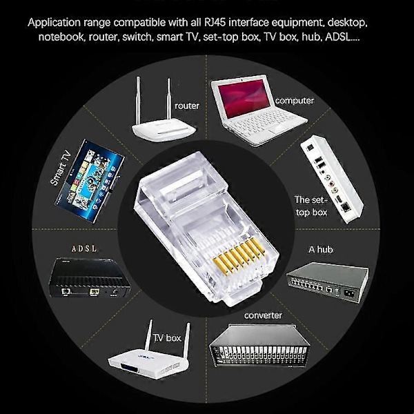 RJ45-kontakt 6U Gullbelagt Gjennomgang Ethernet-kabler Modulplugg Nettverk RJ-45 Krystallhoder Cat5 Cat5E (100 stk)