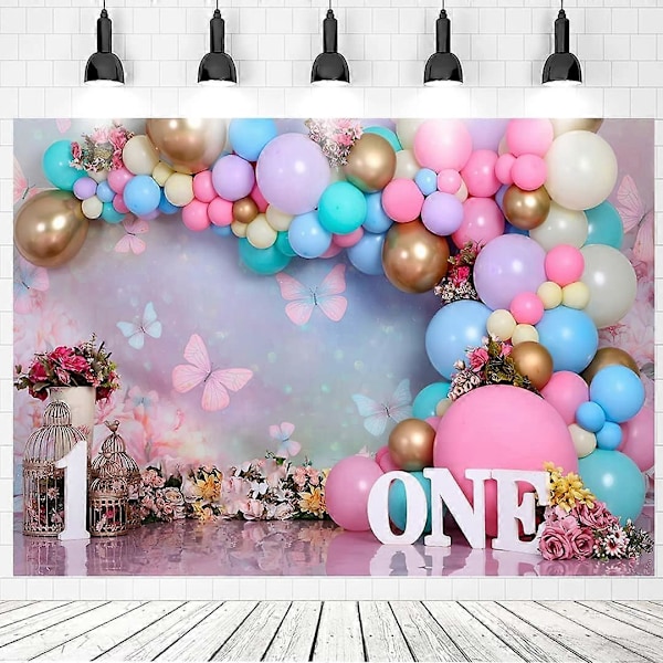 Wonderland Blomster Sommerfugl Ballonger Bakgrunn for Jente 1 År Første Bursdag Kakeknusing Dekor Bakgrunn Fotostudio Fotografering Bakgrunn