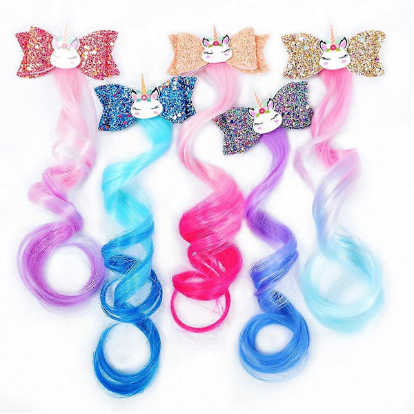 Hårsløjfer Enhjørning Hårspænder Piger Hårtilbehør Glitter Flettet Krøllet Gradient Børn Hår Extensions