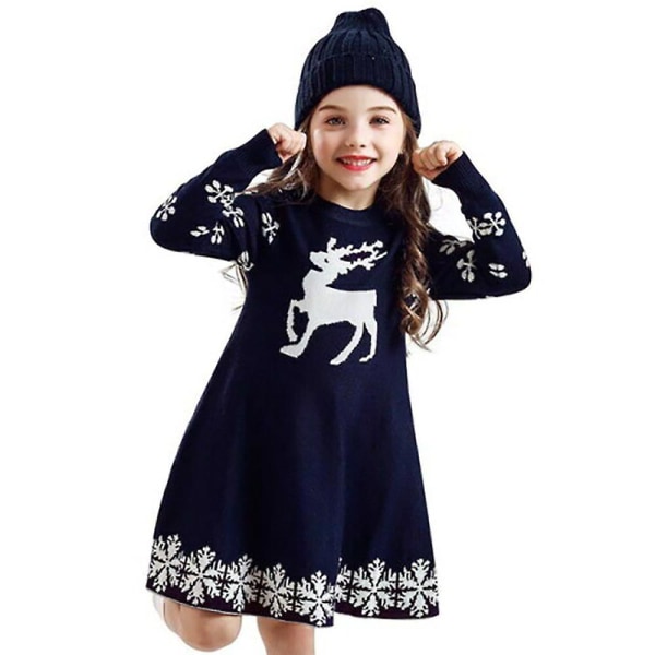 Jul Barn Jenter Reinsdyr Snowflake Print Jumper Kjole Langermet Strikket Swing A-linje Genser Kjoler Julefest kostyme Blue 5-6 Years