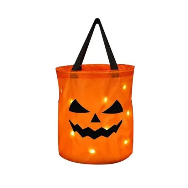 LED-lys Halloween Trick or Treat-bøtte Gresskargodteriposer Sammenleggbar Halloween-kurv til Thanksgiving-fest gavekurv smile