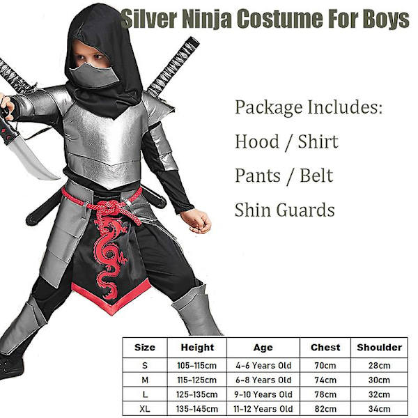2023 New Arrival Barn Dragon Ninja Halloween Cosplay Silver Ninja kostym för pojkar 9-10 Years Old