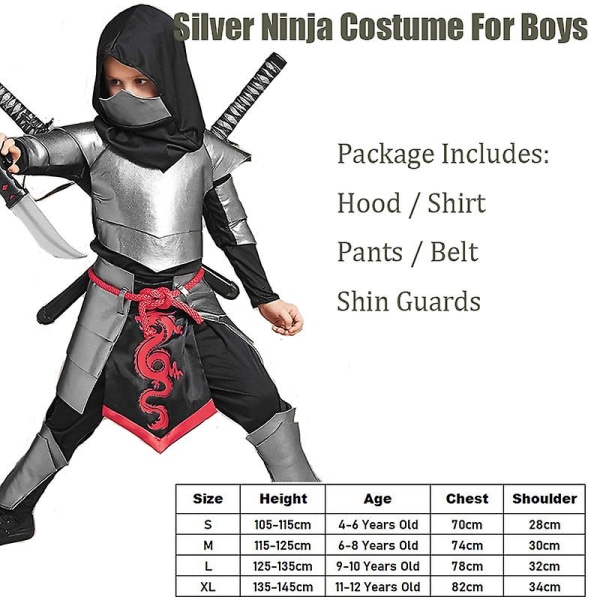 2023 New Arrival Child Dragon Ninja Halloween Cosplay Sølv Ninja kostyme for gutter 11-12 Years Old