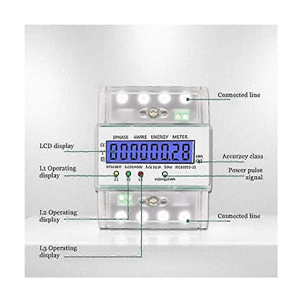 Elmätare 3-fas 4-ledare, effektmätare DIN-skena med LCD-display, digital elmätare