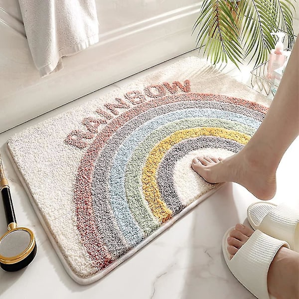 Tflycqrainbow Flockande Badkarsmatta, Badrumsmatta Vattenabsorberande Halkfri Mjuk Mikrofibermatta För Badkar Handfat Dusch Och Badrum Söt Tecknad Dörrm