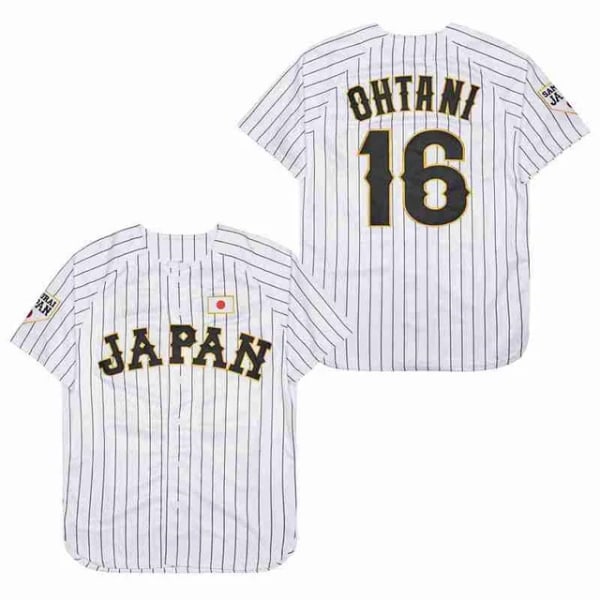 baseballtröja Japan 16 OHTANI tröjor Sy Broderi Hög kvalitet Billiga Sport Utomhus Vit Svart rand 2024 World New picture M