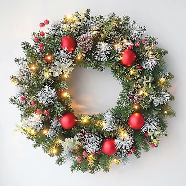 Julekrans med lys, 50 cm, ferdigbelyst kunstig julekrans dekorert med kongler, bærklaser, frostede grener og kulepynt