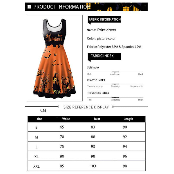 Halloween Kvinder Sommer Slim Sleeveless Scoop Neck A-line Flare Sun Kjoler ORANGE M