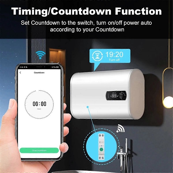 Tuya WiFi Smart Strømbryter 1P+N 63A Din Skinnebryter med Elektrisitetsstatistikk Fjernstyrt Stemmekontroll