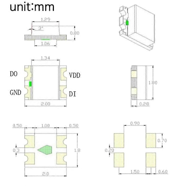 200 stk. WS2812 2020 LED-chip 4-pins Mini Hvit PCB Adresserbar Digital RGB Fullfarge LED-chip DC5V fo