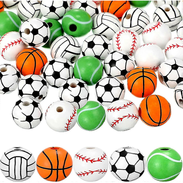 100 Stykker Sportsperler Sportsbold Træperler Fodbold Basketball Baseball Volleyball Tennis Perler 5 Stil Sports Træperler