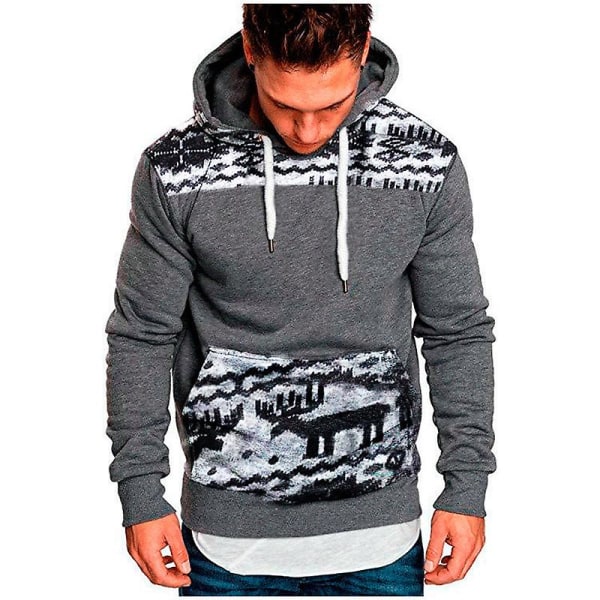 Herre Christams trykt hettegenser gensere Pullover Langermet hette Xmas Activewear topper Grey 3XL