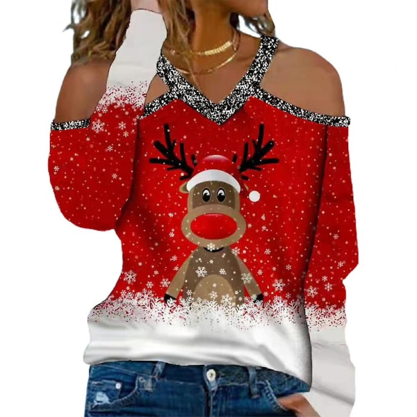 Kvinder Christmas Elk Tree Printed T-shirt Bluse Xmas Cold Shoulder V-hals Langærmede Casual Shirts Toppe Plus Size Christmas Silver 2XL