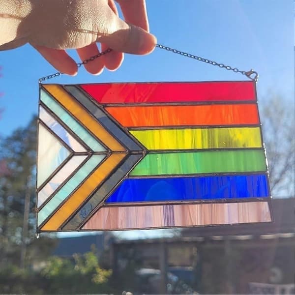 Progress Pride Glassmaleri Flagg Solfanger, Pride Flagg Solfanger for Vinduer, Pride Flagg Akryl Solfanger Håndverk, Vindusdekor Gave 1pcs