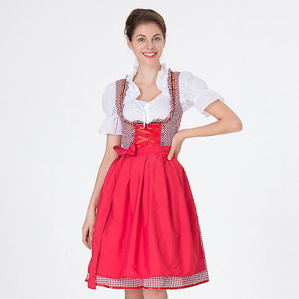 Perinteinen Dirndl Oktoberfest -asu Beerfest Pubien ruudullinen mekko Esiliina Cosplay Carnival Halloween -juhlamekko Red L