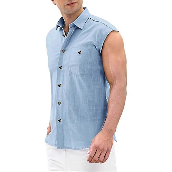 Herre Ensfarvet Ærmeløs Skjorte Vest Sommer Afslappet Knap Op Træning Revers Strand T-shirt Tanktoppe