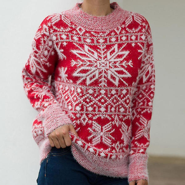 Christmas Genser Dame Christmas Snowflake Varm Genser Strikket O-hals Genser Red M