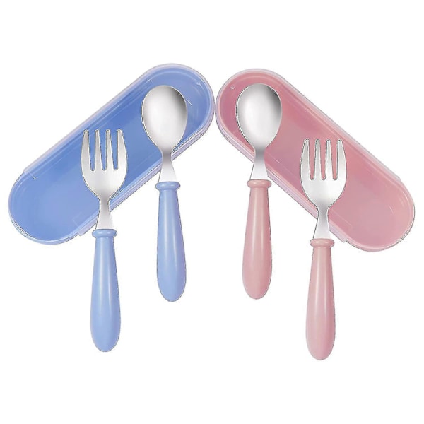 2 stk. Babysett, Gaffel og skje i rustfritt stål (blå og rosa)