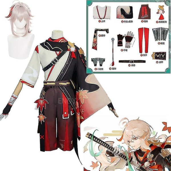 Hurtig levering Genshin Impact Kaedehara Kazuha kostume Halloween karneval Samurai kostume paryk røde briller 4 Xl