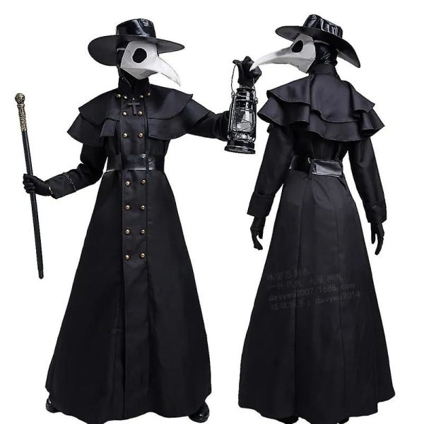 Halloween Medeltida Hooded Robe Plague Doctor Kostym Mask Hat För Män Munk Cosplay Steampunk Priest Skräck Wizard Cloak Cape S