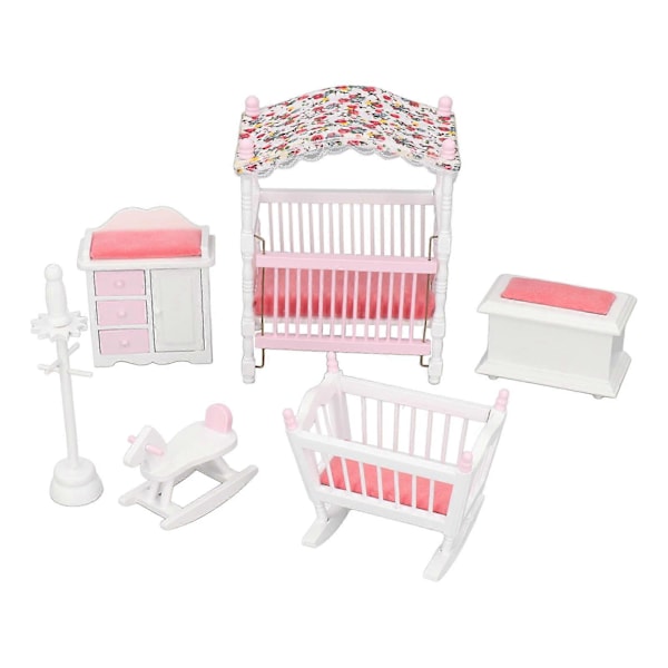 Pink og hvid 1:12 skala miniature træ dukkehus soveværelsesmøbelsæt