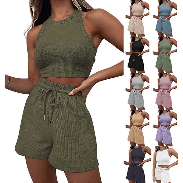 Dam 2-dels Outfits Lounge Matchande Set Tvådelad Stickad Crop Top och Shorts Trendiga Kläder Sommarsemester Träningsdräkt Vit XL