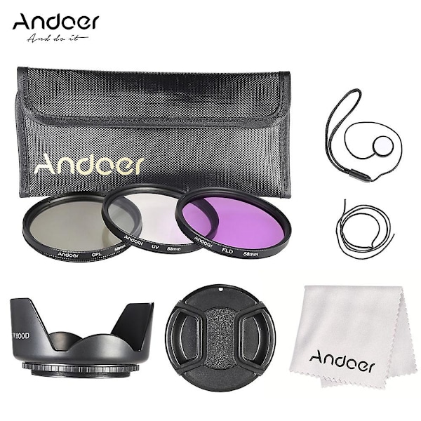 Andoer 58mm Filter Kit (UV+CPL+FLD) + Nylon Bæretaske + Objektivdæksel + Objektivdækselholder + Modlysblænde + L