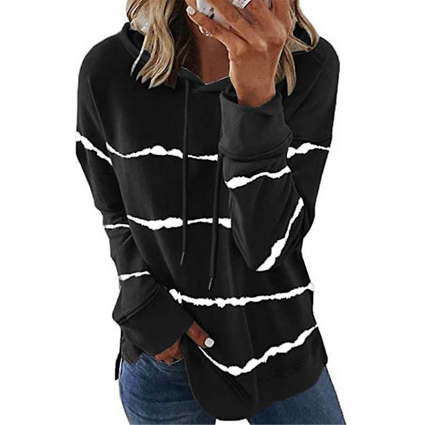 Stripete hettegenser for kvinner Uformelle topper genser Løse hettegensere med lange ermer Black XL