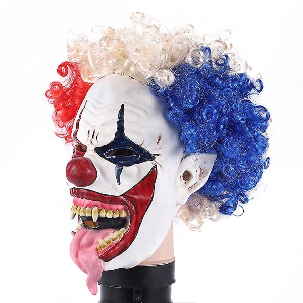 Uhyggelig klovne kostume maske Horror maske farvet krøllet hår Realistisk voksen latex maske Halloween Cosplay kostume rekvisitter