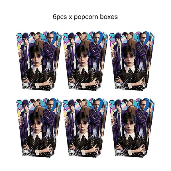 Onsdag Addams Födelsedagsfest Dekoration Banner Ballong Servis Festliga Evenemang Tillbehör Heminredning Koppar Bakgrund 6pcs popcorn boxes