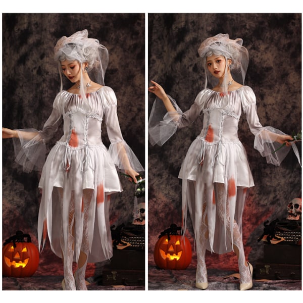 Halloween skräckkorsett grå vampyrbrud maskerad cosplay zombie kostym woman XL