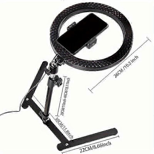 Dæmpbar LED Ring Fill Light med Justerbart Bordstativ til YouTube Video, Fotografering, Selfie, Vlog, Make-up, Live Streaming - Per