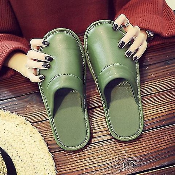 Rimelig skinntøfler herre hjemmesko vinter vanntette tøfler Unisex innendørs sko Rom gjestetøffel Mann flip flops Green CN 41 42