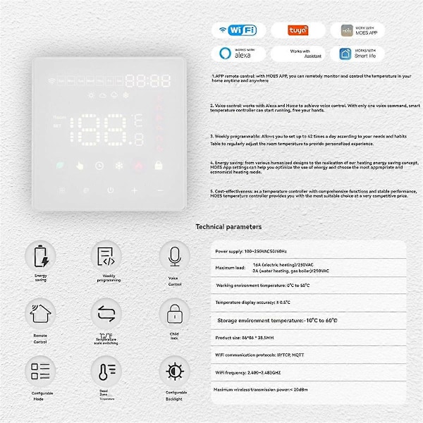 Tuya WiFi Termostat Elektrisk Gulvvarme Temperaturregulator