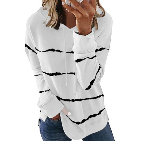 Stripete hettegenser for kvinner Uformelle topper genser Løse hettegensere med lange ermer White L